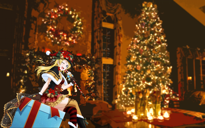 Ayase Eri from Love Live! sitting on a gift box with a Christmas tree