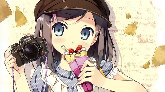 Anime girl with camera eating a crepe