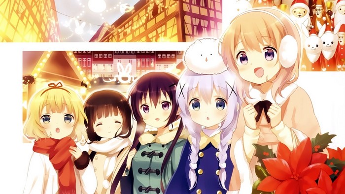 Girls from Gochuumon wa Usagi Desu ka at a Christmas Market