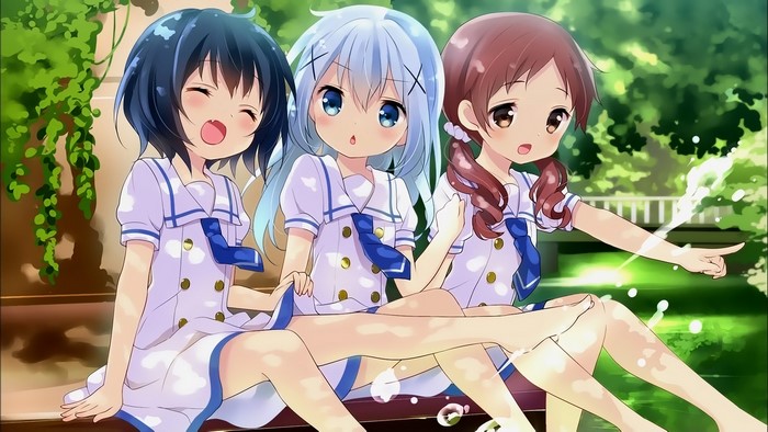 Three girls from Gochuumon wa Usagi Desu ka sitting outdoors