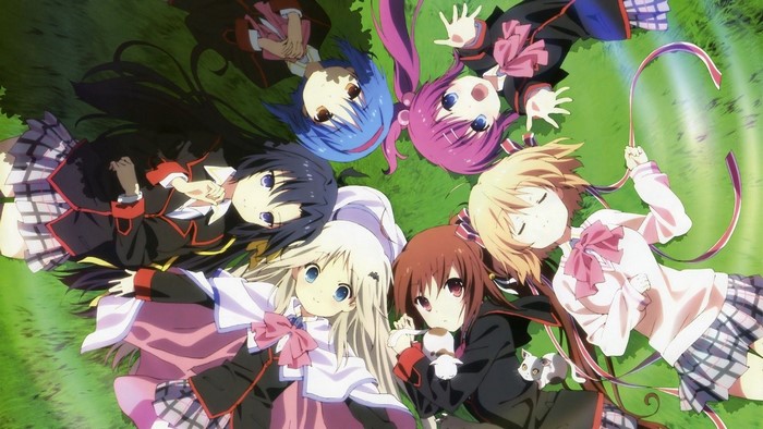 Girls from Little Busters lying on grass