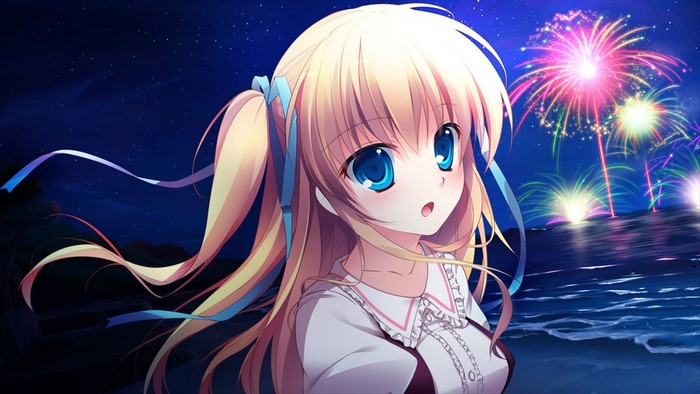 Anime girl with pigtails watching fireworks over the ocean