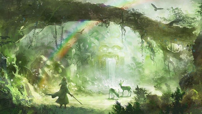 Fantasy art of a jungle with a stone face waterfall and deer