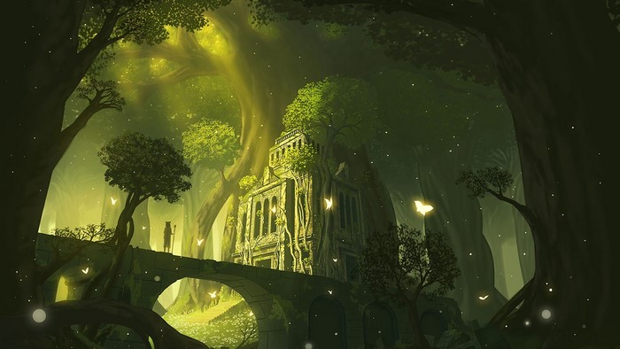 Fantasy forest with ancient ruins and a lone traveler