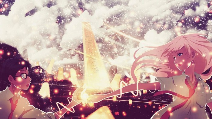 Anime couple reaching for a glowing monument