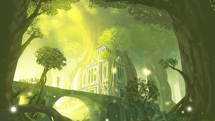 Ancient ruins overgrown with trees in a sunlit forest