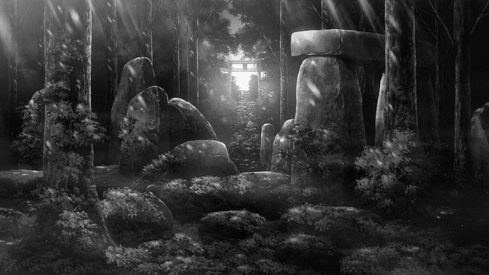 Monochrome forest with ancient stones and a torii gate