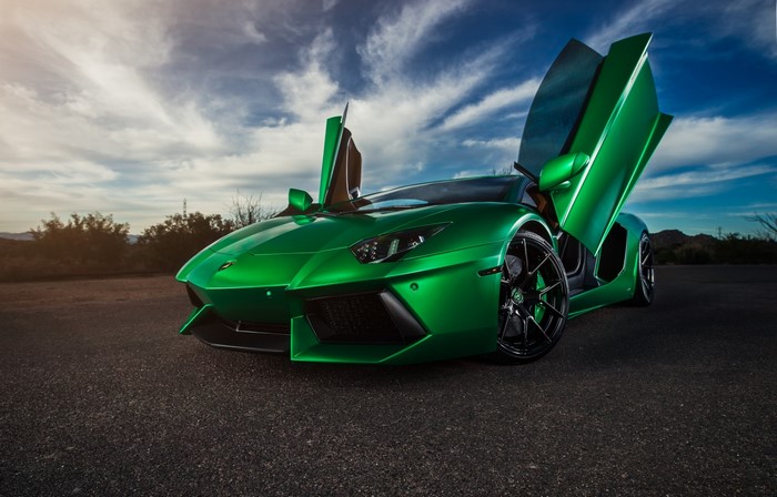 Green Lamborghini Aventador with Scissor Doors