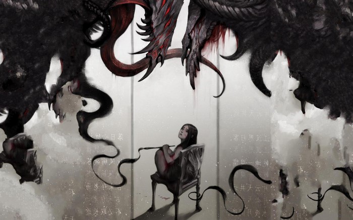 Dark Fantasy Art of a Woman and a Dragon
