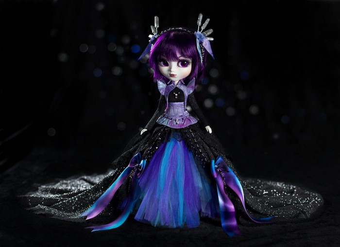 Pullip doll in a sparkly purple and black dress