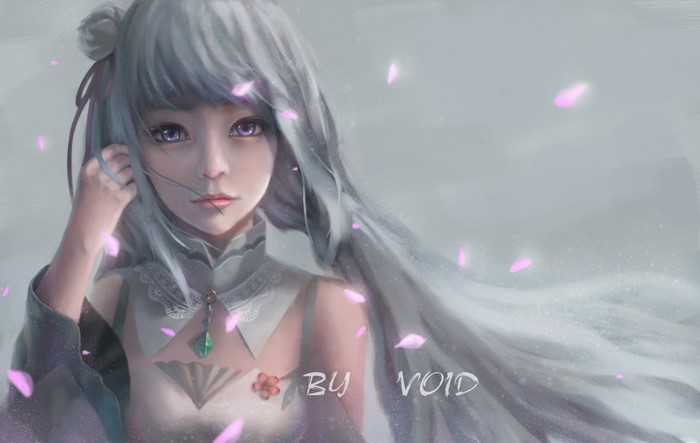 Emilia from Re:Zero, anime girl with petals
