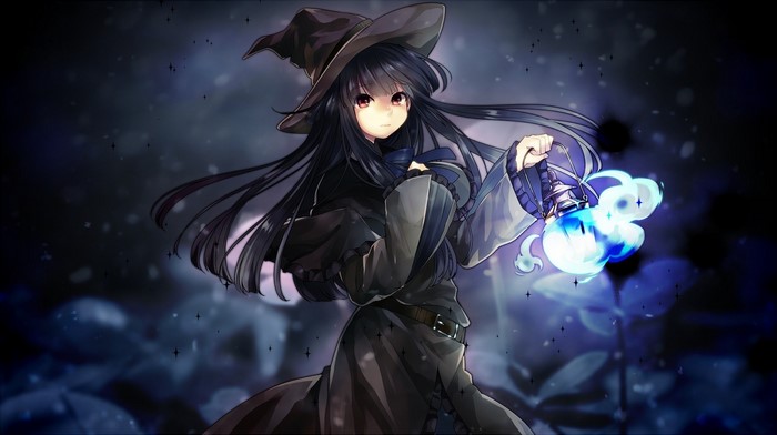 Anime witch with black hair holding a glowing lantern