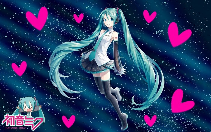 Hatsune Miku from Vocaloid floating in space with hearts