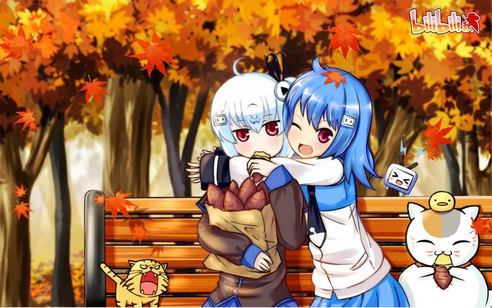 Anime girls hugging with sweet potatoes in autumn park