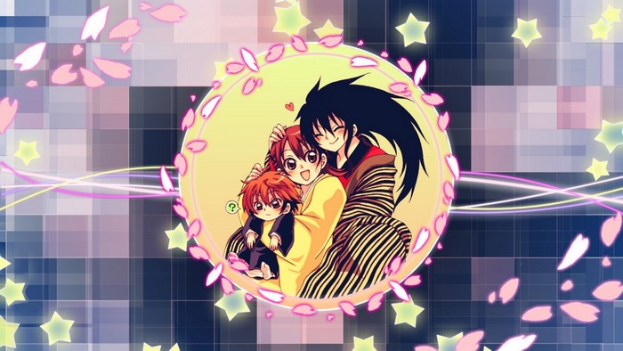 Anime illustration of a family with cherry blossoms