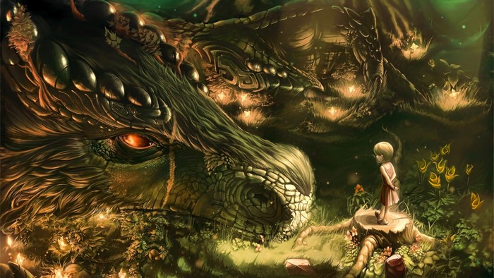 A young girl stands before a giant dragon in a magical forest