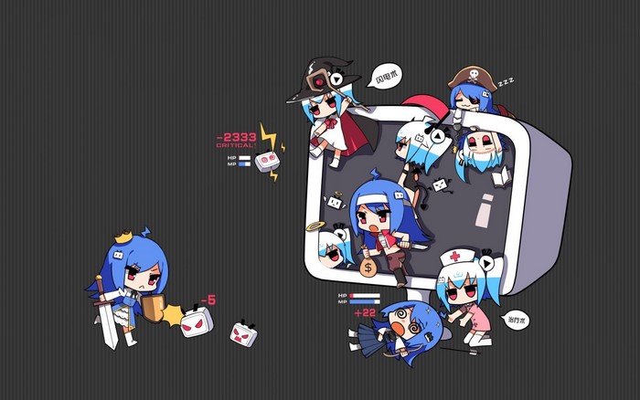 Chibi characters in a video game battle