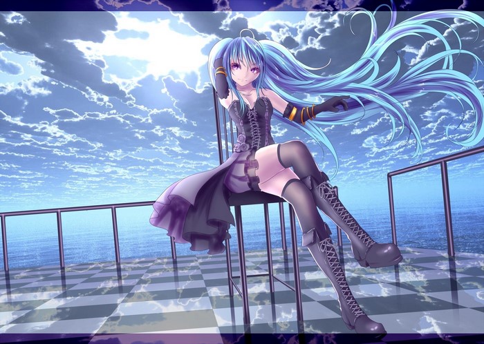 Anime girl with blue hair sitting on a chair