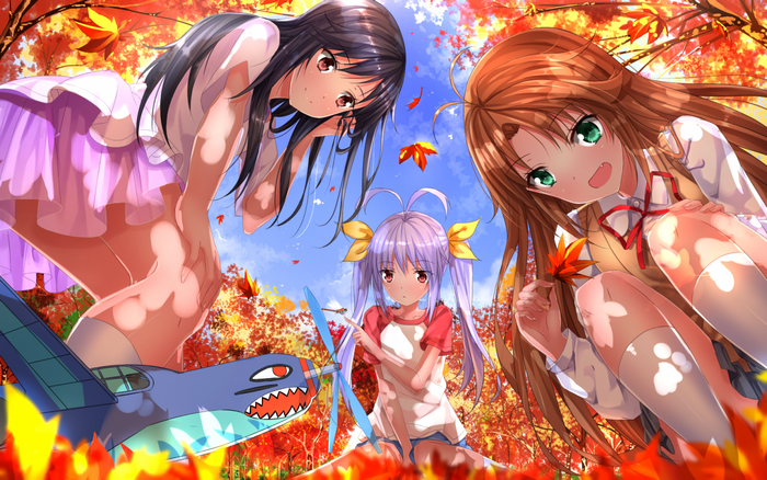 Anime girls with an airplane in autumn