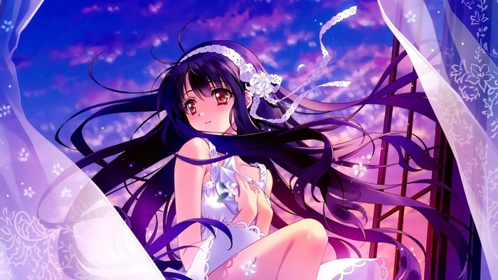 Anime girl with long dark hair and yellow eyes