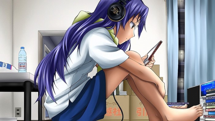 Anime girl with headphones and phone