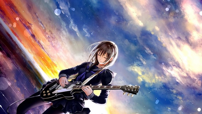 Anime girl with short brown hair playing a guitar