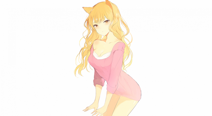 Anime cat girl with long blonde hair wearing a pink sweater