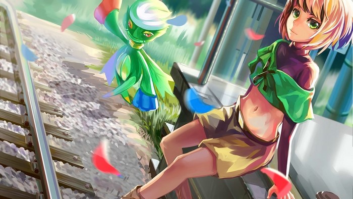Anime girl and green creature on train tracks