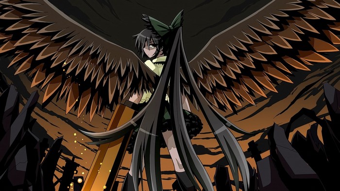 Anime girl barefoot black hair flying long hair red eyes seifuku sky smile  tie tree wings wallpaper, 1754x1240, 851135