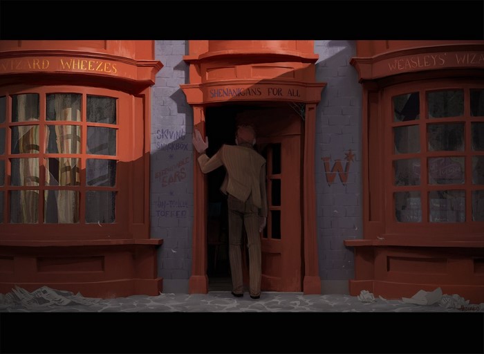 Weasleys' Wizard Wheezes store entrance with a man