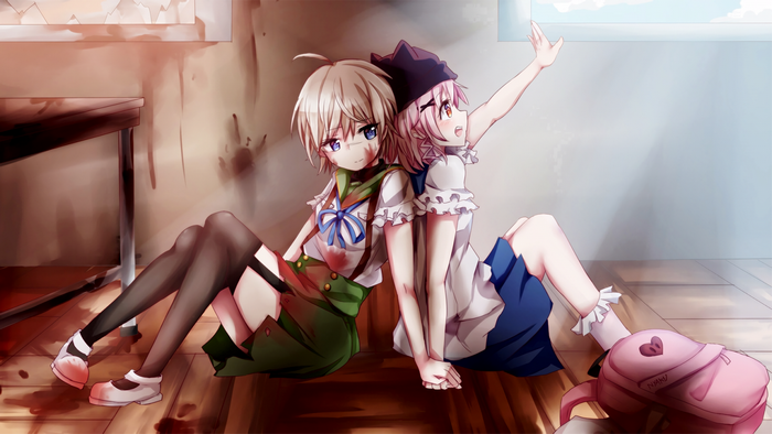 Two girls from Gakkou Gurashi sitting on the floor