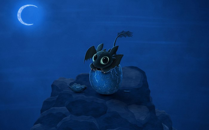 Baby Toothless hatching from egg on a rock under the moon