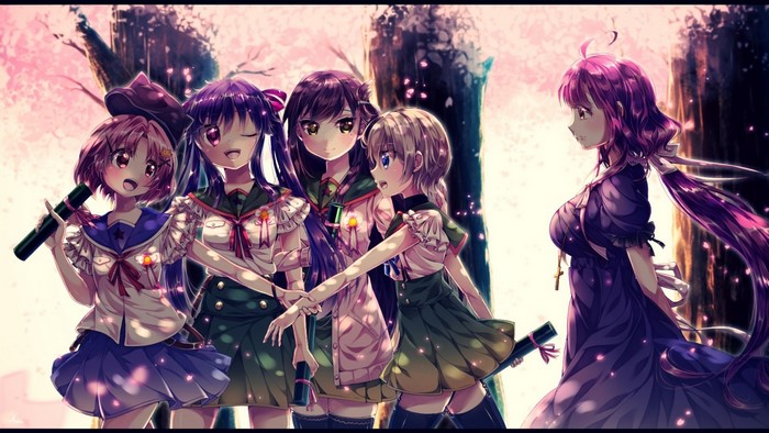 Anime girls in school uniforms with cherry blossoms