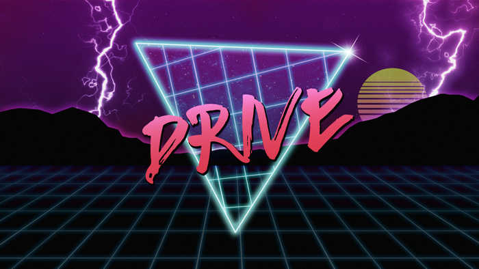 DRIVE text with neon triangle and lightning