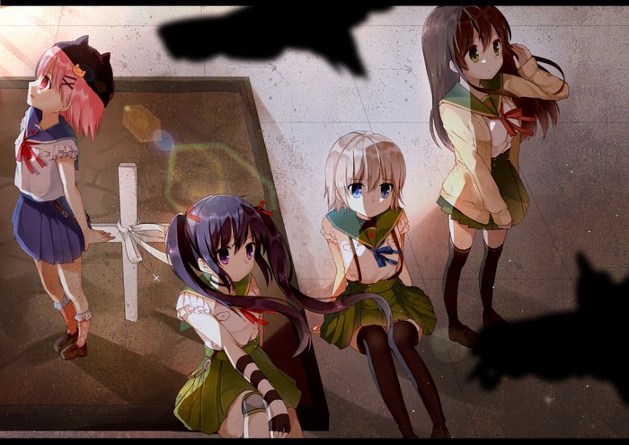 Four anime girls in school uniforms