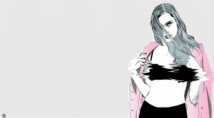 Woman in pink jacket with distorted chest
