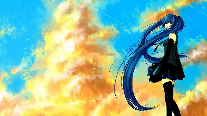 Hatsune Miku from Vocaloid against a colorful sky