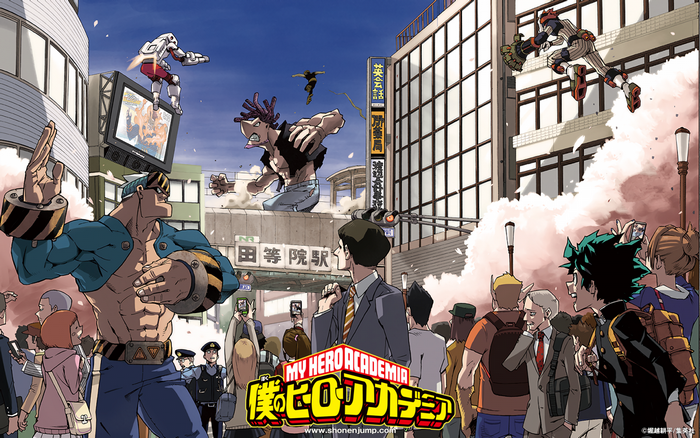 My Hero Academia characters in a city street