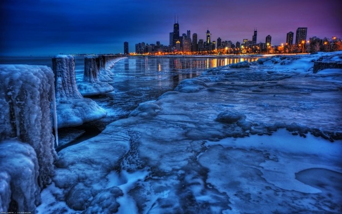 Chicago Skyline on a Frozen Lakefront at Dusk