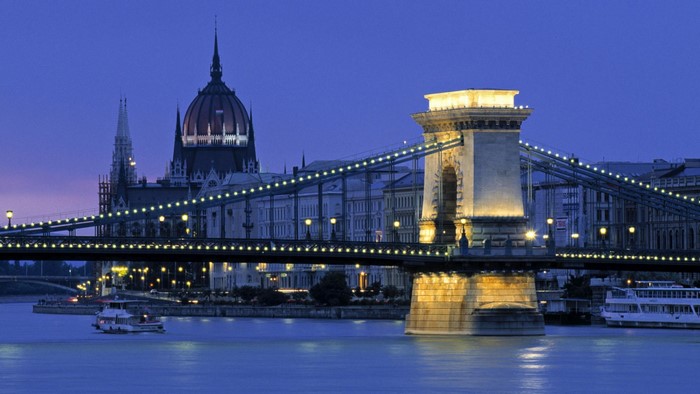 Chain Bridge and Hungarian Parliament Building at Dusk