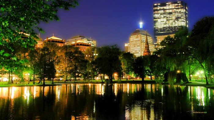 Boston cityscape at night reflected in a park pond