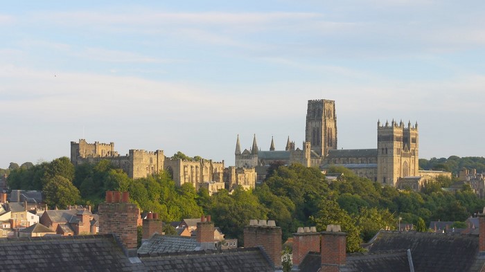 Durham Cathedral and Castle on a hill overlooking a town