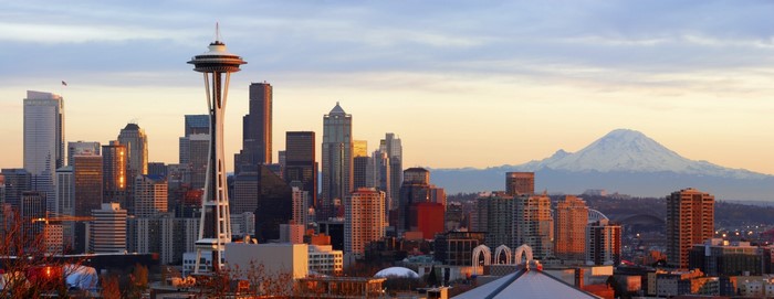 Seattle Skyline with Space Needle and Mount Rainier at Sunset