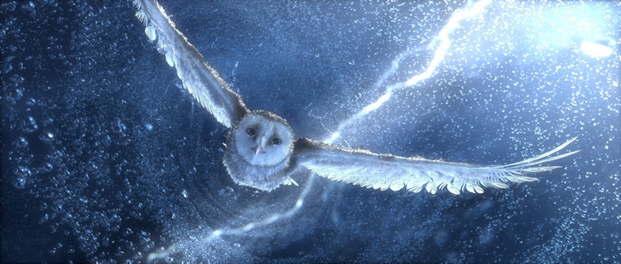Barn owl flying through a stormy sky with lightning
