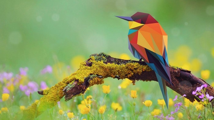 Geometric bird on a mossy branch with wildflowers