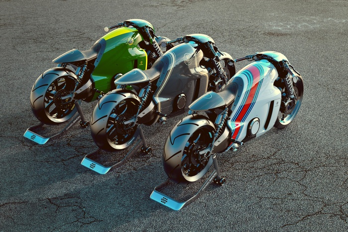 Three Lotus sport bikes in different liveries