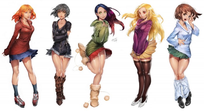 Five anime girls in casual winter outfits