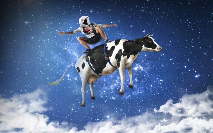 Astronaut riding a cow through space