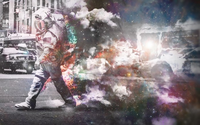 Astronaut walking through space and city