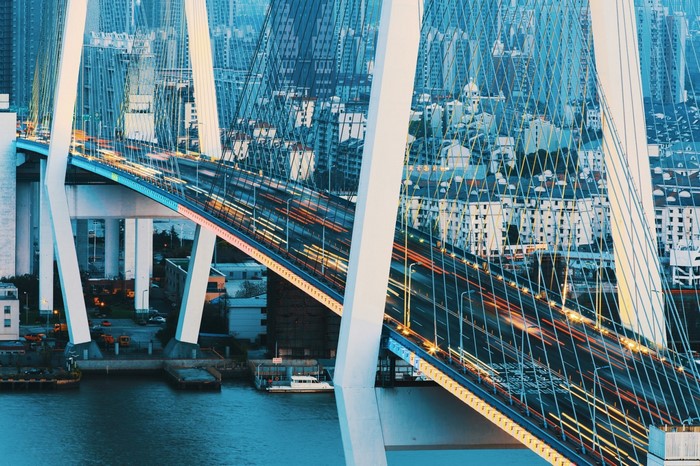 Shanghai cityscape with a cable-stayed bridge at night